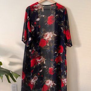 Floral Printed Navy Blue Sheer Kimono / Cardigan / Cover Up